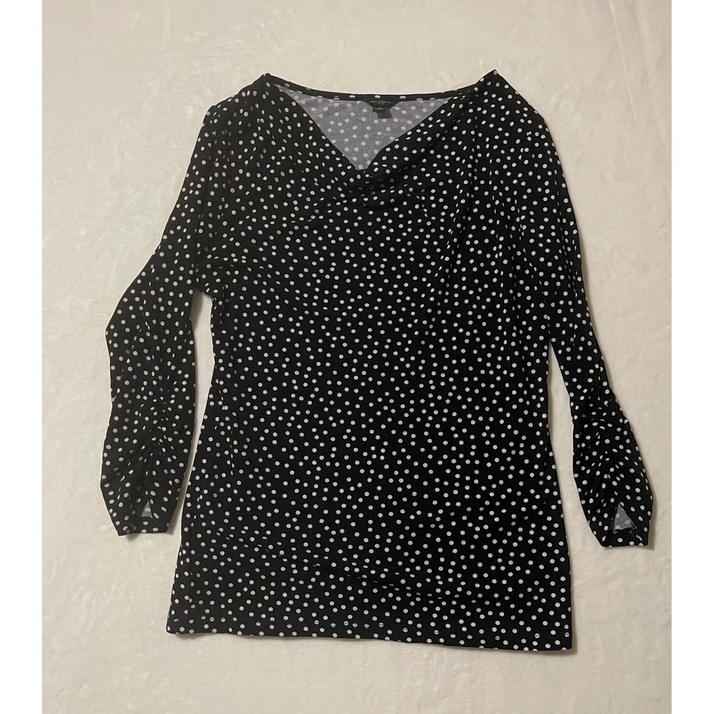 Ann Taylor Polka Dot Blouse Cowl Neck Long Sleeve Top Black White Women's Size S